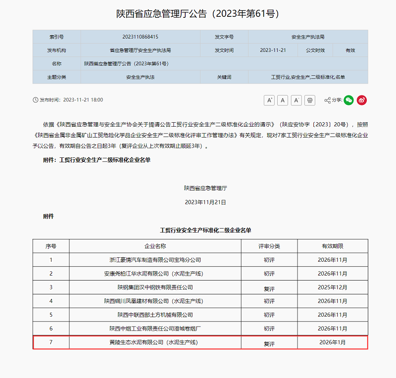 喜讯！黄陵公司顺遂通过陕西省工贸企业清静生产标准化二级达标认证